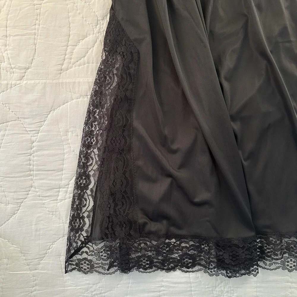 Vintage Black Lace Slit Slip Lingerie‎ Silky Satin Skirt Undergarment